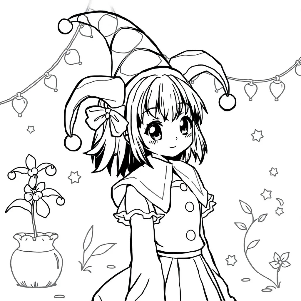 Kuromi kuromi with her jester hat wearing a party hat — classic kuromi coloring page (ages 5–10)