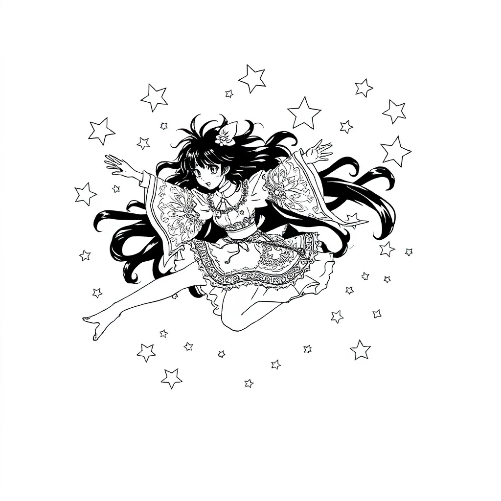 Kuromi kuromi with stars around her leaping mid air — detailed kuromi coloring page (ages 9+ & adults)