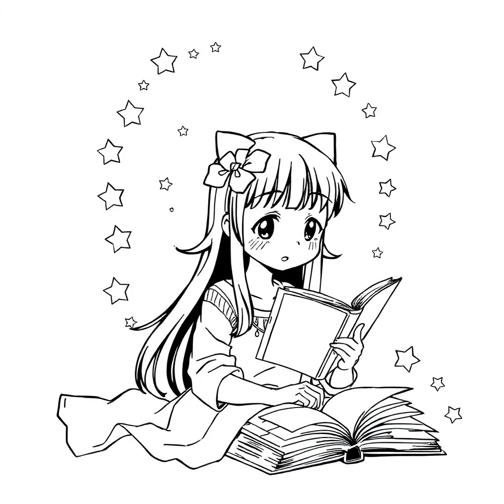 Kuromi kuromi with stars around her reading a book — classic kuromi coloring page (ages 5–10)