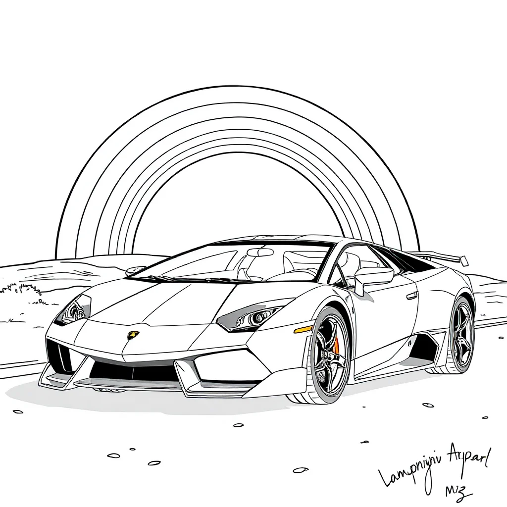 Lamborghini a detailed lamborghini super car under a rainbow — classic lamborghini coloring page (ages 5–10)