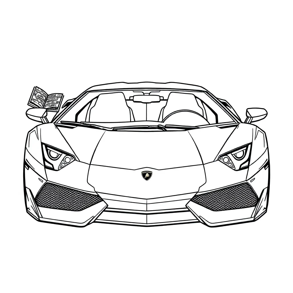 Lamborghini a fast lamborghini front view reading a book — classic lamborghini coloring page (ages 5–10)