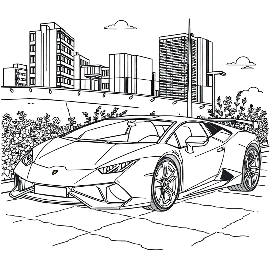 Lamborghini a lamborghini parked by the city in a flower garden — classic lamborghini coloring page (ages 5–10)