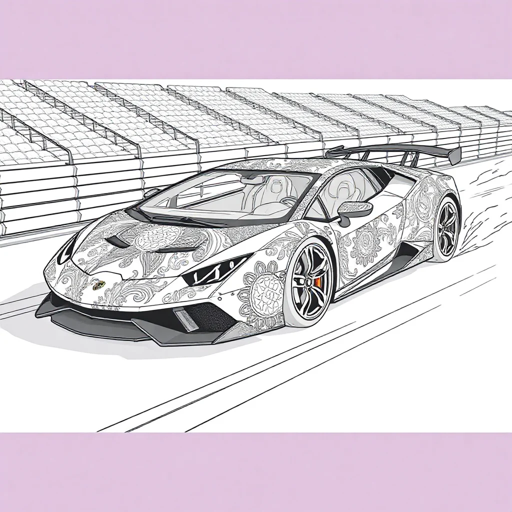 Lamborghini a lamborghini racing on a track dancing — detailed lamborghini coloring page (ages 9+ & adults)