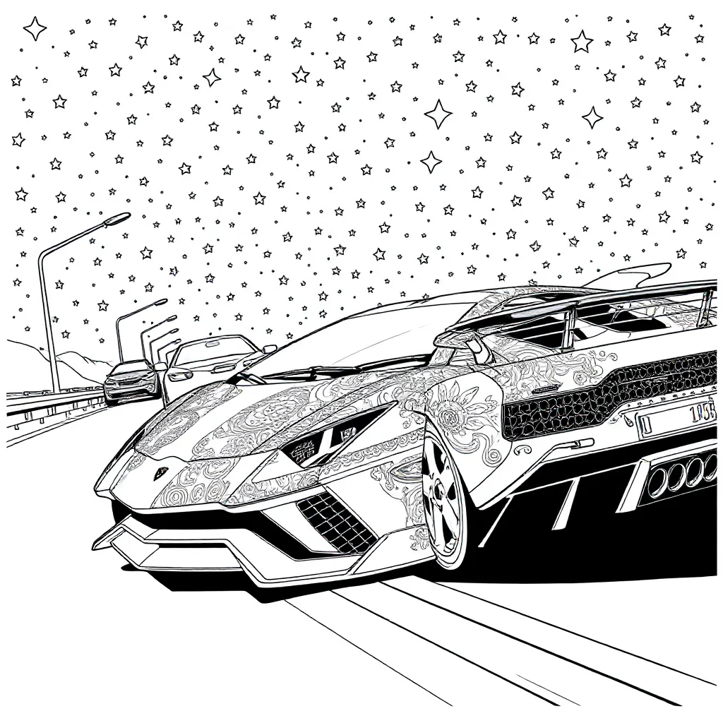Lamborghini a lamborghini speeding down the highway under the night sky — detailed lamborghini coloring page (ages 9+ & adults)