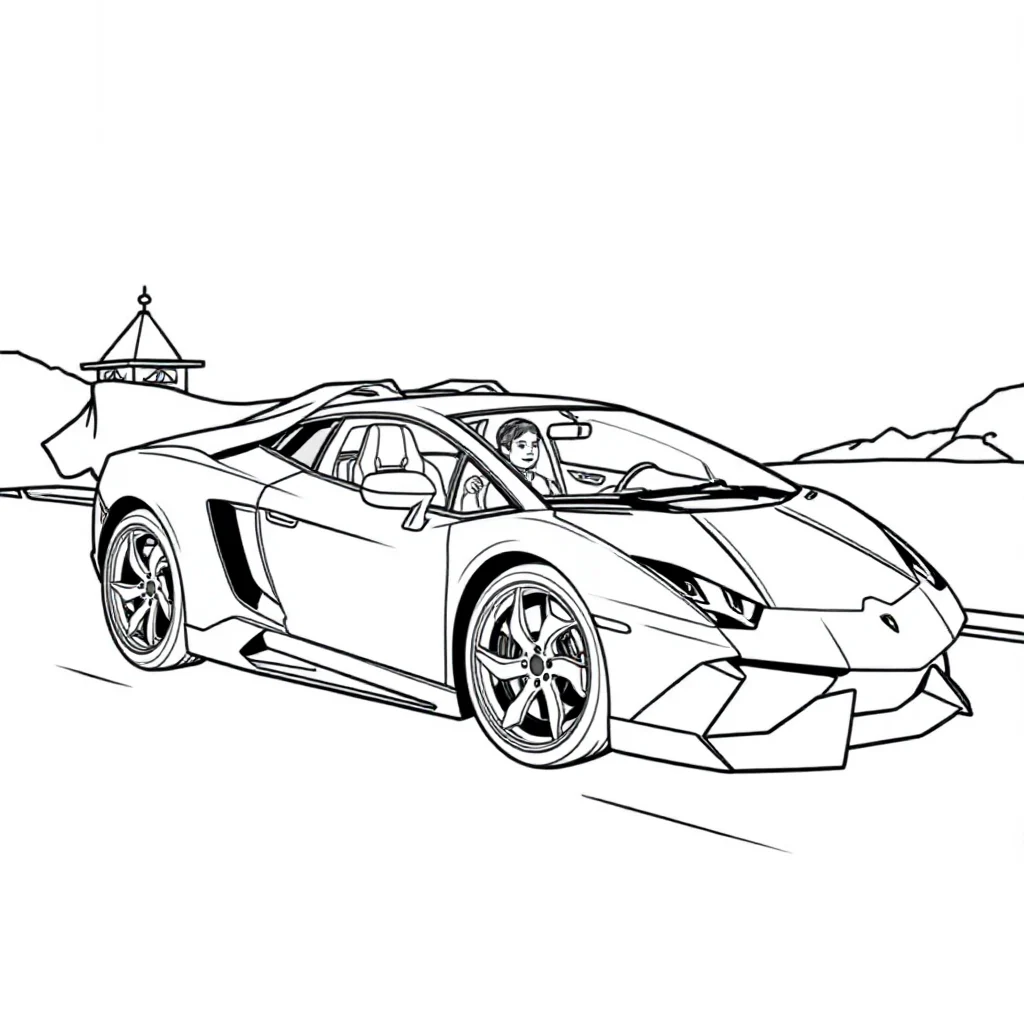 Lamborghini a lamborghini sports car side view in a superhero cape — classic lamborghini coloring page (ages 5–10)