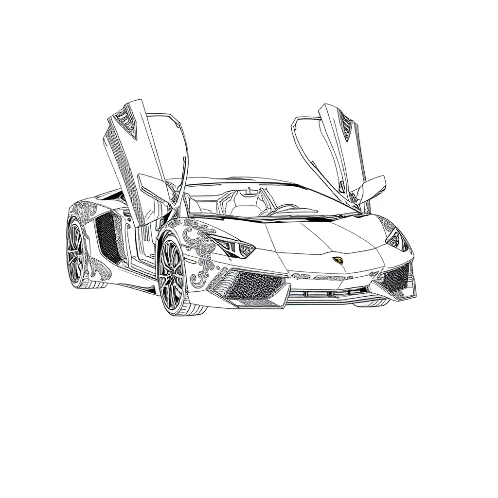 Lamborghini a lamborghini with open scissor doors leaping mid air — detailed lamborghini coloring page (ages 9+ & adults)