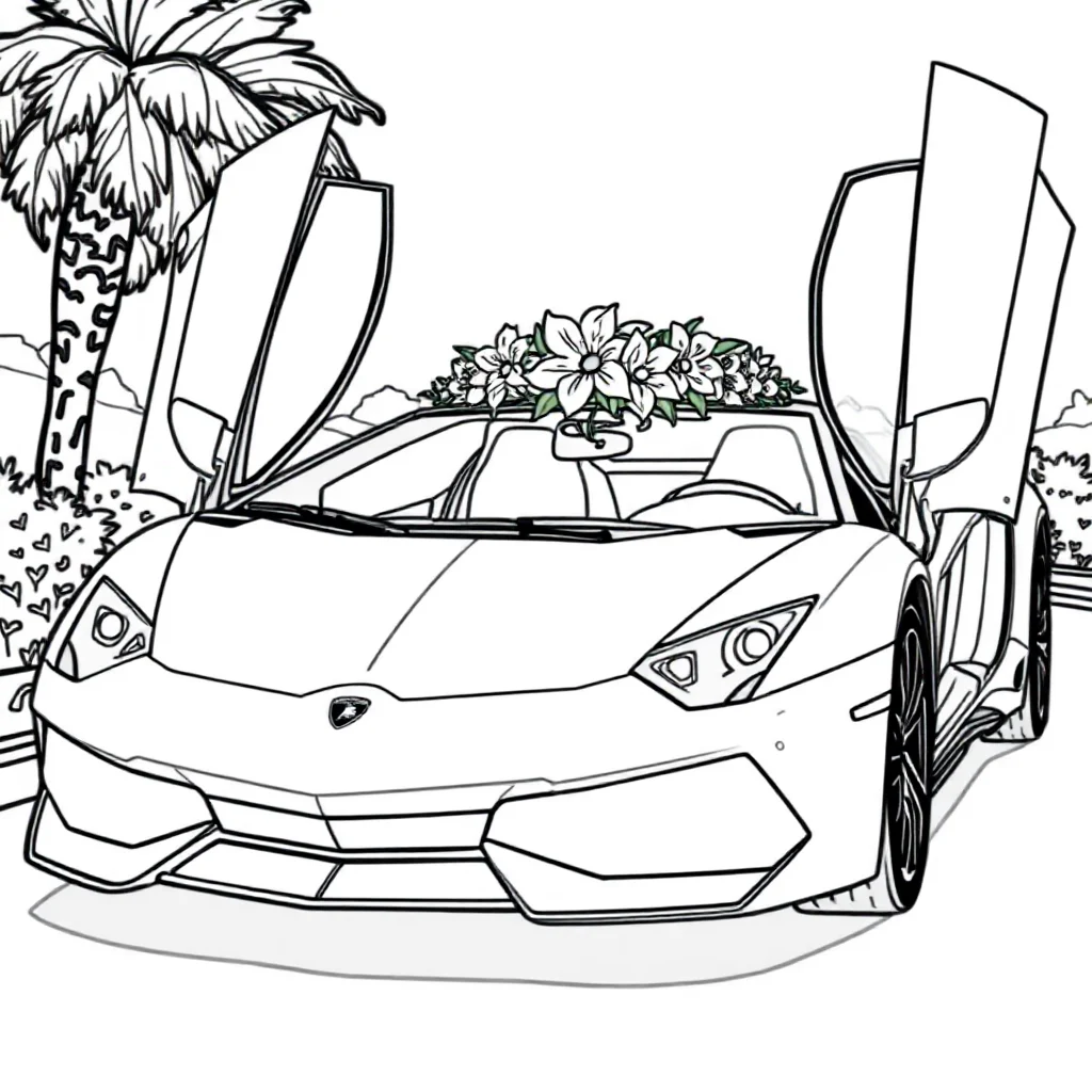 Lamborghini a lamborghini with open scissor doors wearing a flower crown — classic lamborghini coloring page (ages 5–10)