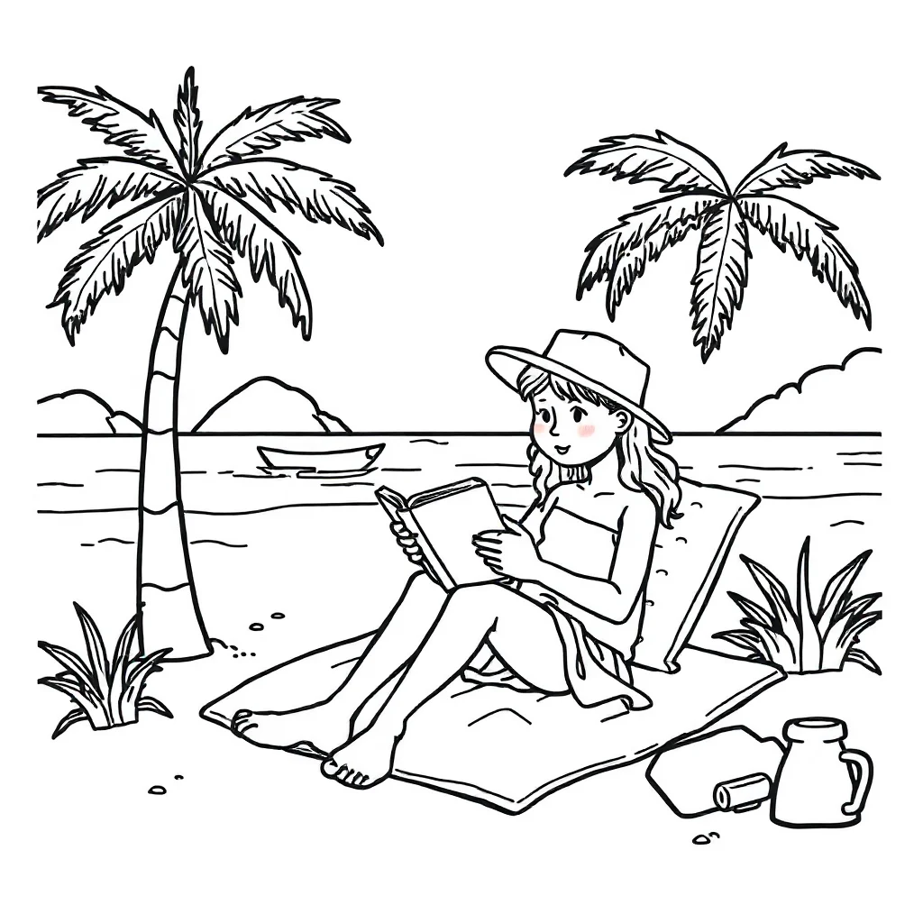 Landscapes a beach scene reading a book — classic landscapes coloring page (ages 5–10)