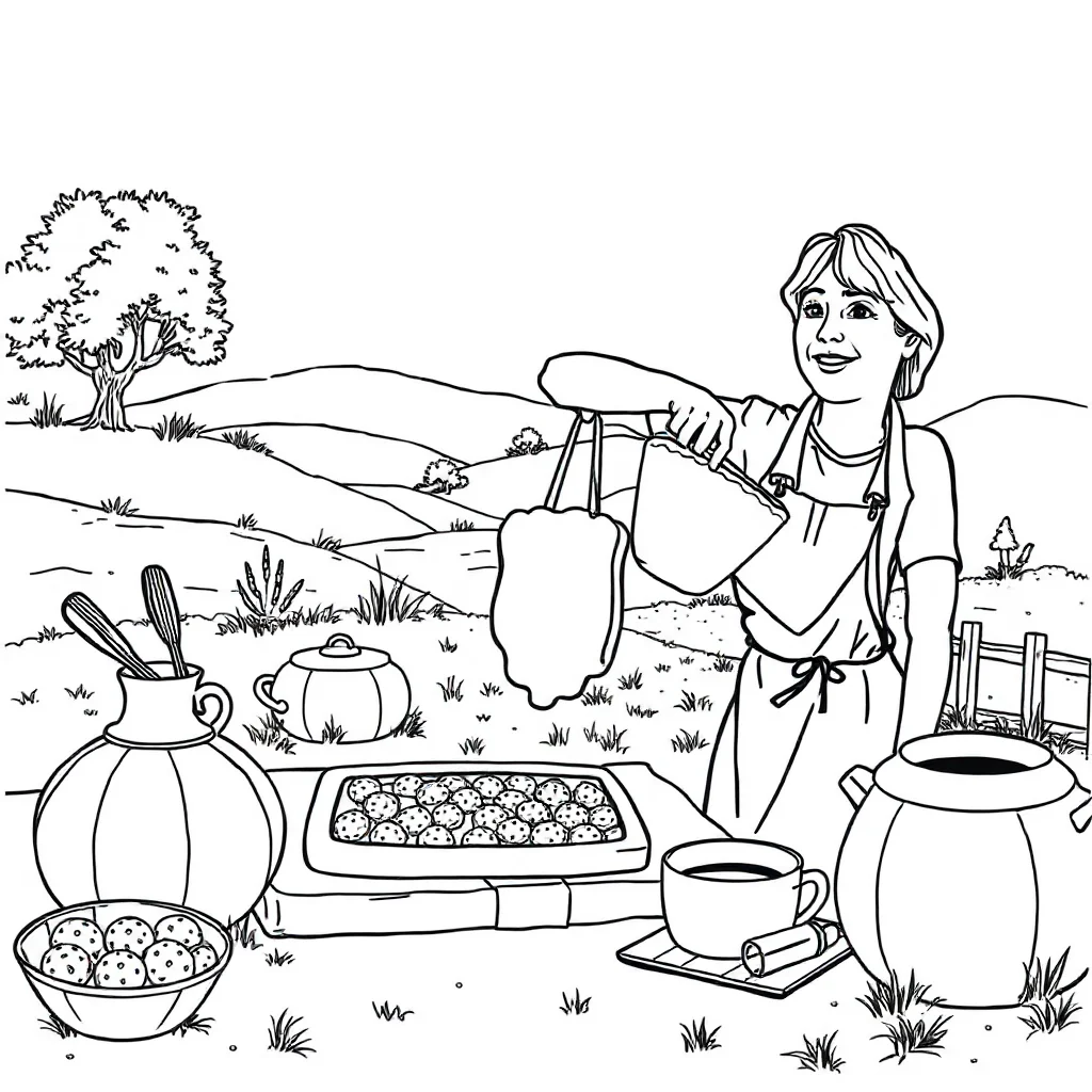 Landscapes a countryside scene baking cookies — classic landscapes coloring page (ages 5–10)