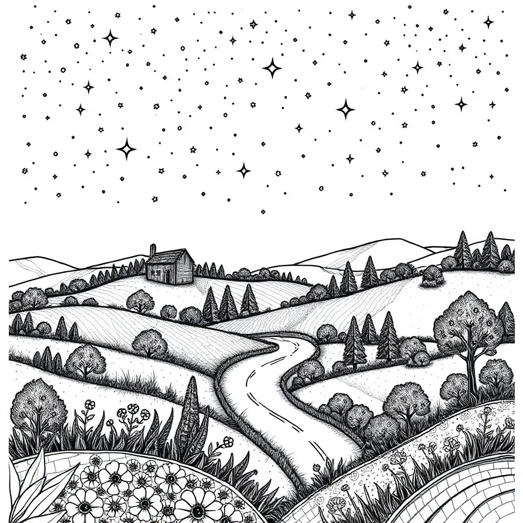 Landscapes a countryside scene under the night sky with stars — detailed landscapes coloring page (ages 9+ & adults)