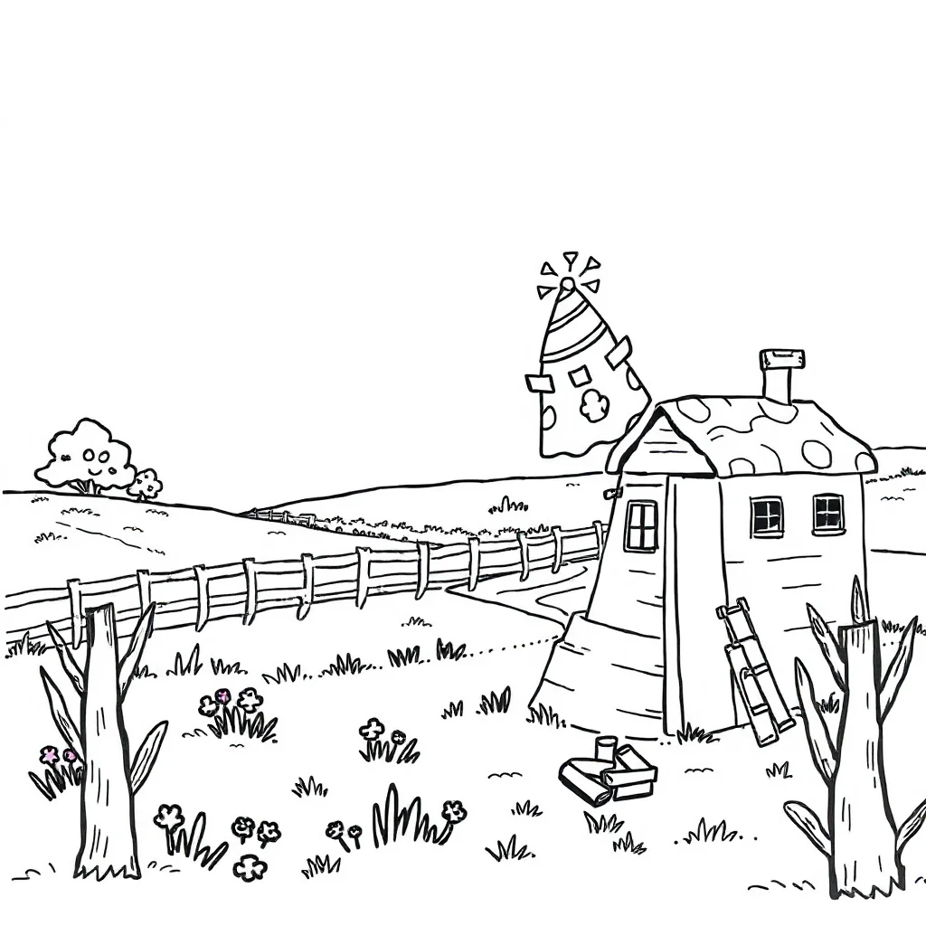 Landscapes a countryside scene wearing a party hat — classic landscapes coloring page (ages 5–10)
