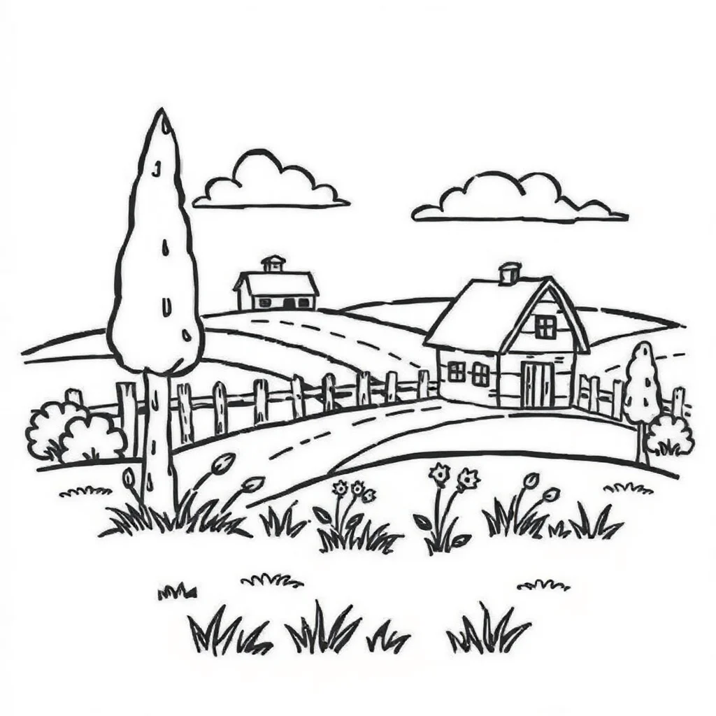 Landscapes a countryside scene — easy landscapes coloring page (ages 2–5)