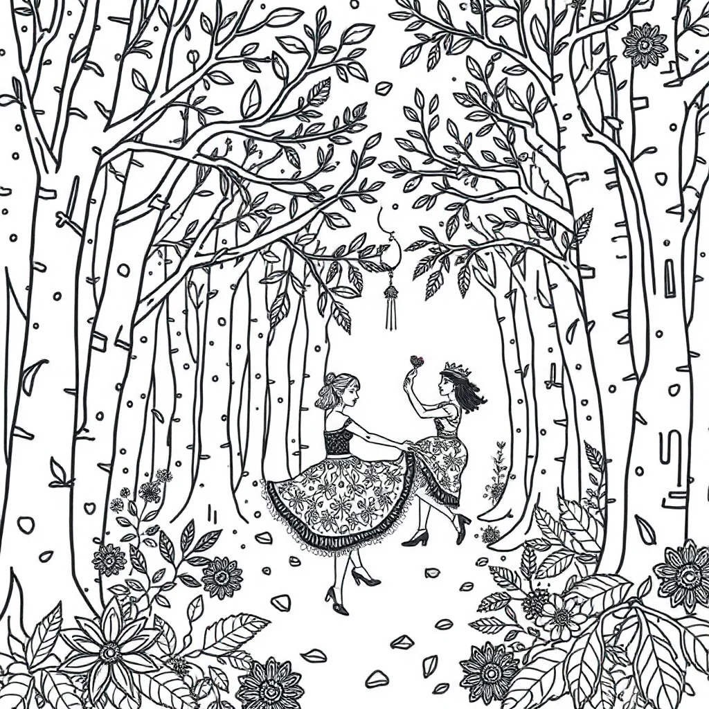 Landscapes a forest scene dancing — detailed landscapes coloring page (ages 9+ & adults)