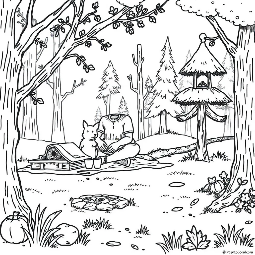 Landscapes a forest scene having a picnic — classic landscapes coloring page (ages 5–10)