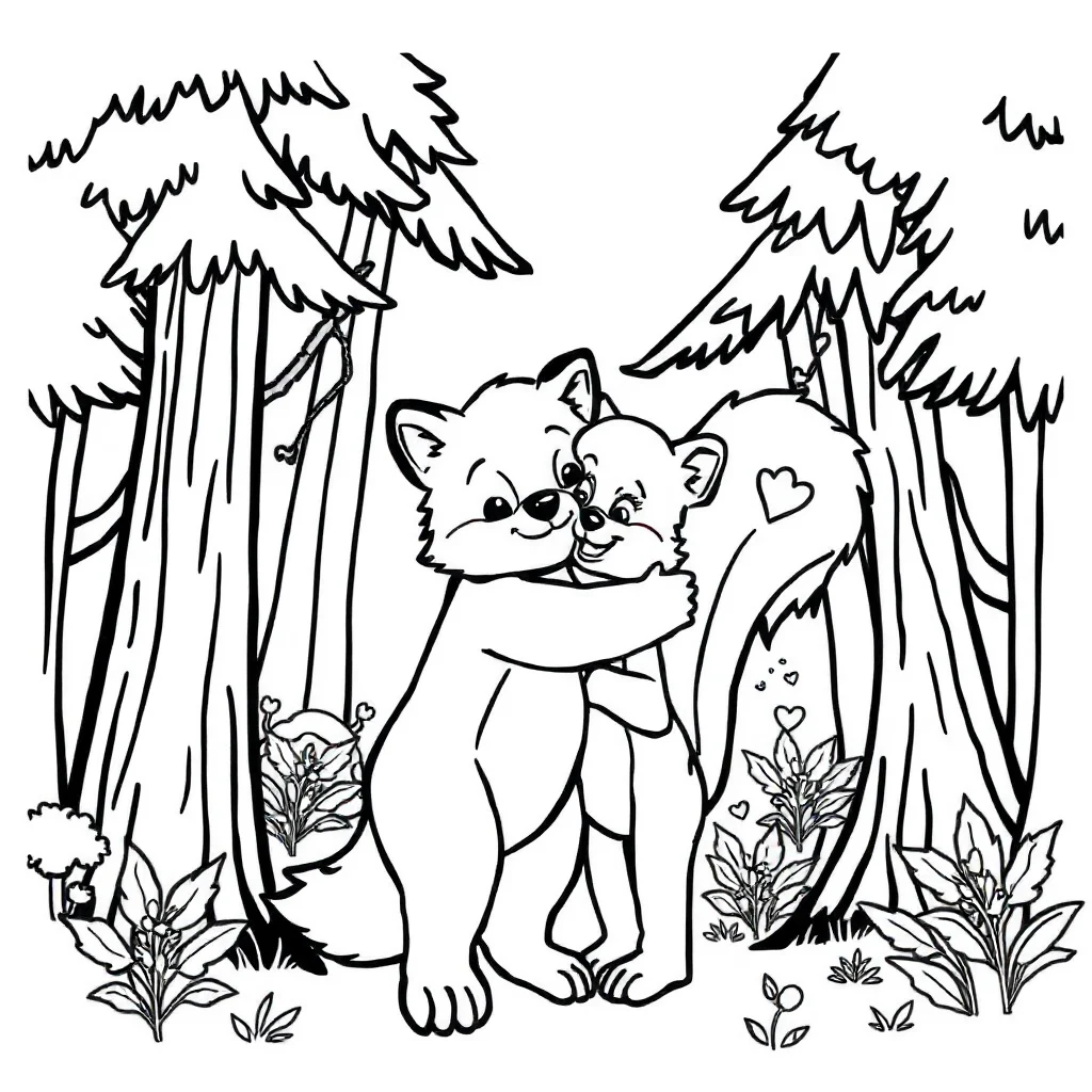 Landscapes a forest scene hugging a friend — easy landscapes coloring page (ages 2–5)