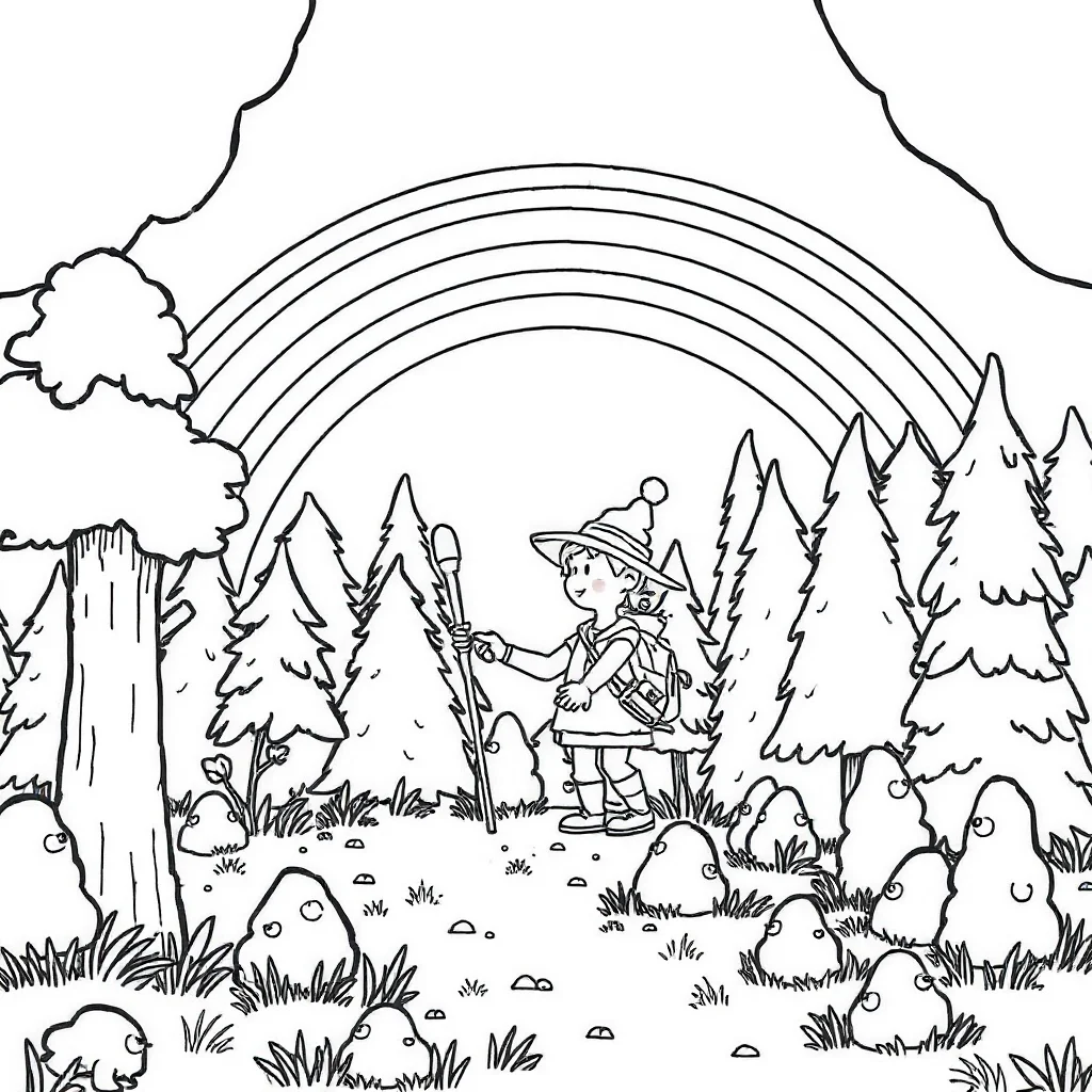 Landscapes a forest scene under a rainbow — classic landscapes coloring page (ages 5–10)