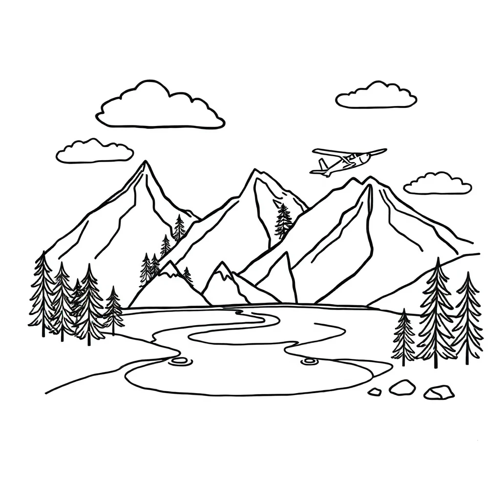 Landscapes mountains and a lake flying — easy landscapes coloring page (ages 2–5)