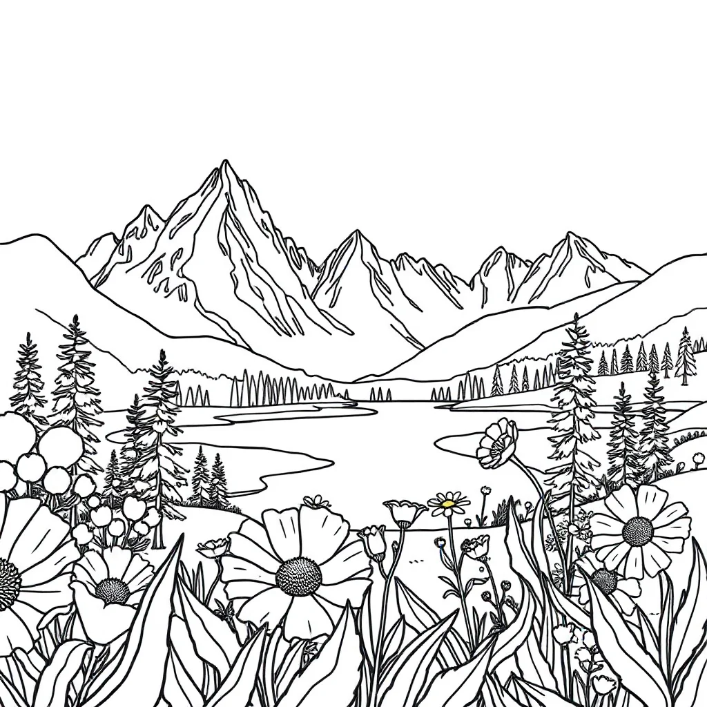 Landscapes mountains and a lake in a flower garden — classic landscapes coloring page (ages 5–10)