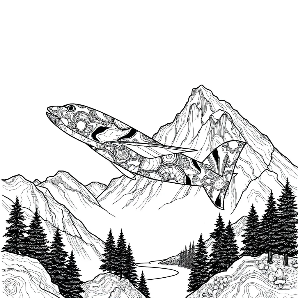 Landscapes mountains and a lake leaping mid air — detailed landscapes coloring page (ages 9+ & adults)
