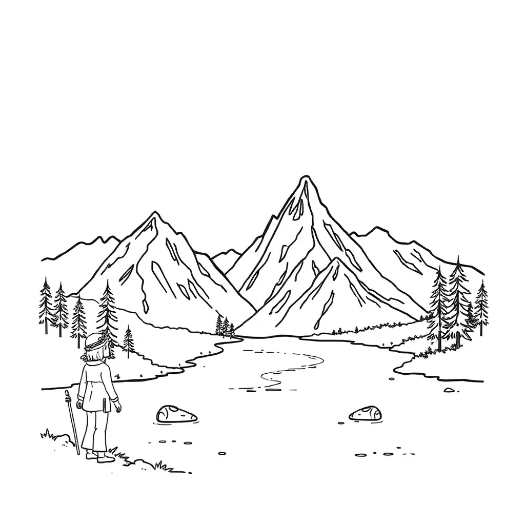 Landscapes mountains and a lake wearing a flower crown — classic landscapes coloring page (ages 5–10)