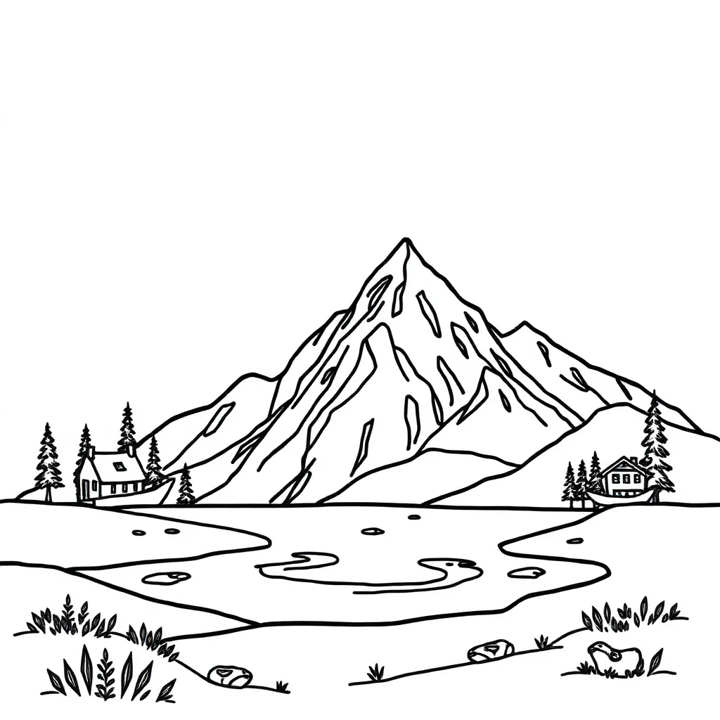 Landscapes mountains and a lake — easy landscapes coloring page (ages 2–5)