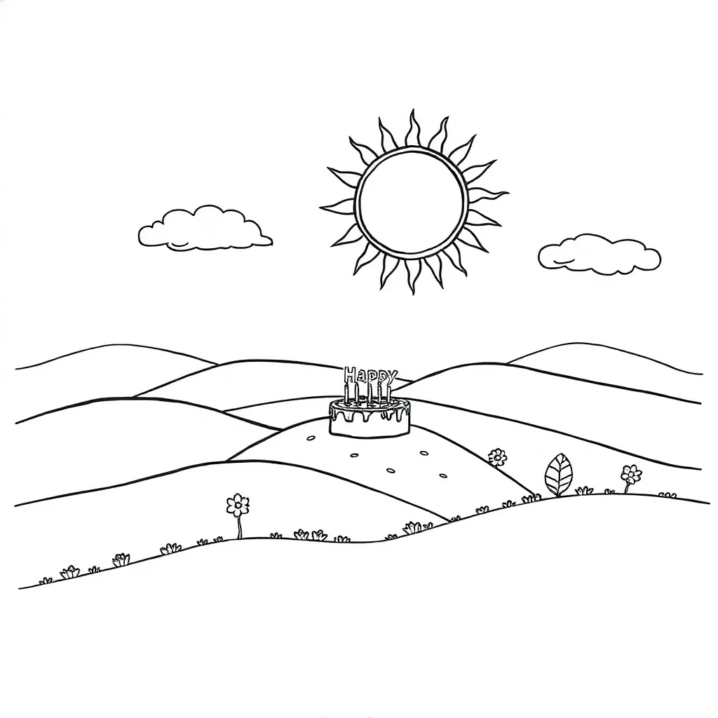 Landscapes rolling hills with a sun celebrating a birthday — classic landscapes coloring page (ages 5–10)