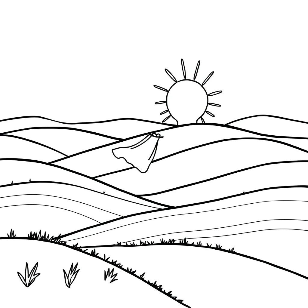 Landscapes rolling hills with a sun in a superhero cape — classic landscapes coloring page (ages 5–10)