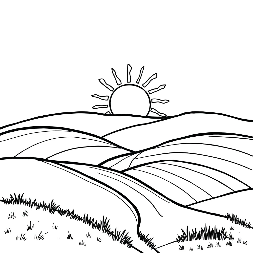 Landscapes rolling hills with a sun running — easy landscapes coloring page (ages 2–5)