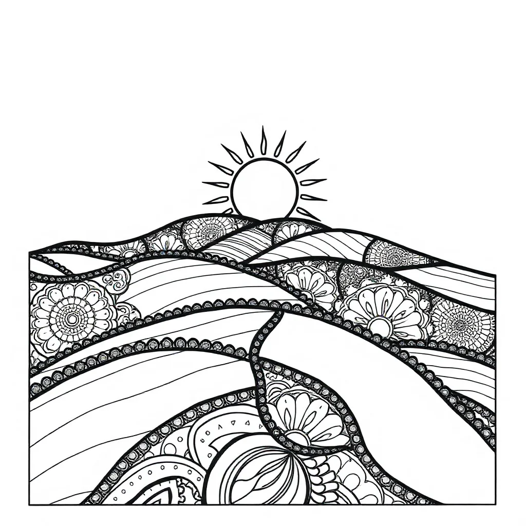 Landscapes rolling hills with a sun sitting — detailed landscapes coloring page (ages 9+ & adults)