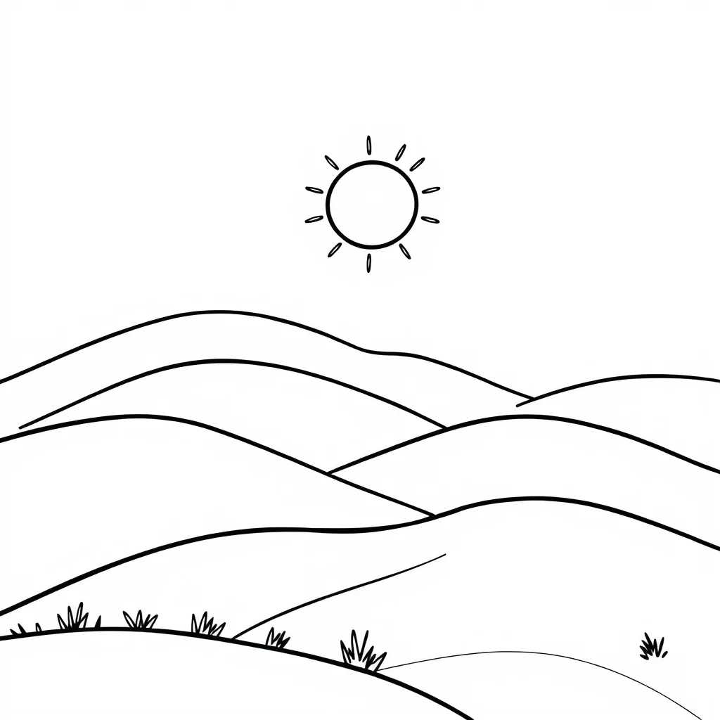Landscapes rolling hills with a sun — easy landscapes coloring page (ages 2–5)