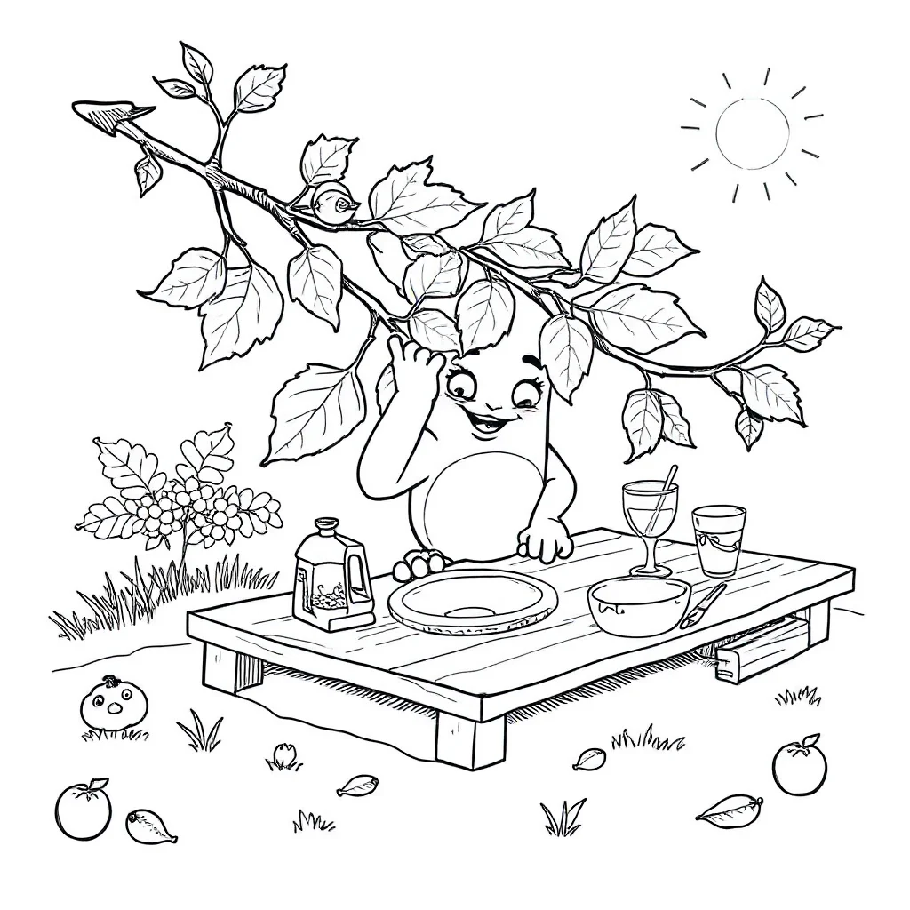 Leaves a branch with leaves having a picnic — classic leaves coloring page (ages 5–10)