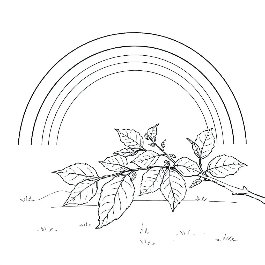 Leaves a branch with leaves under a rainbow — classic leaves coloring page (ages 5–10)