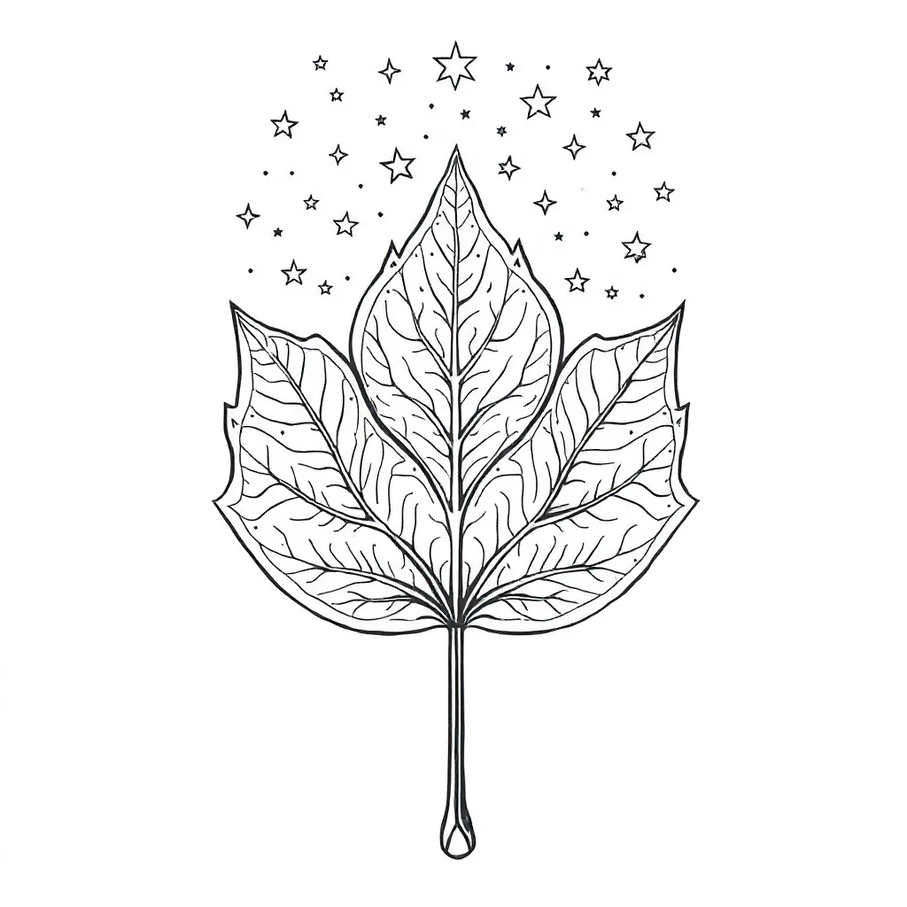 Leaves a leaf with veins under the night sky with stars — detailed leaves coloring page (ages 9+ & adults)