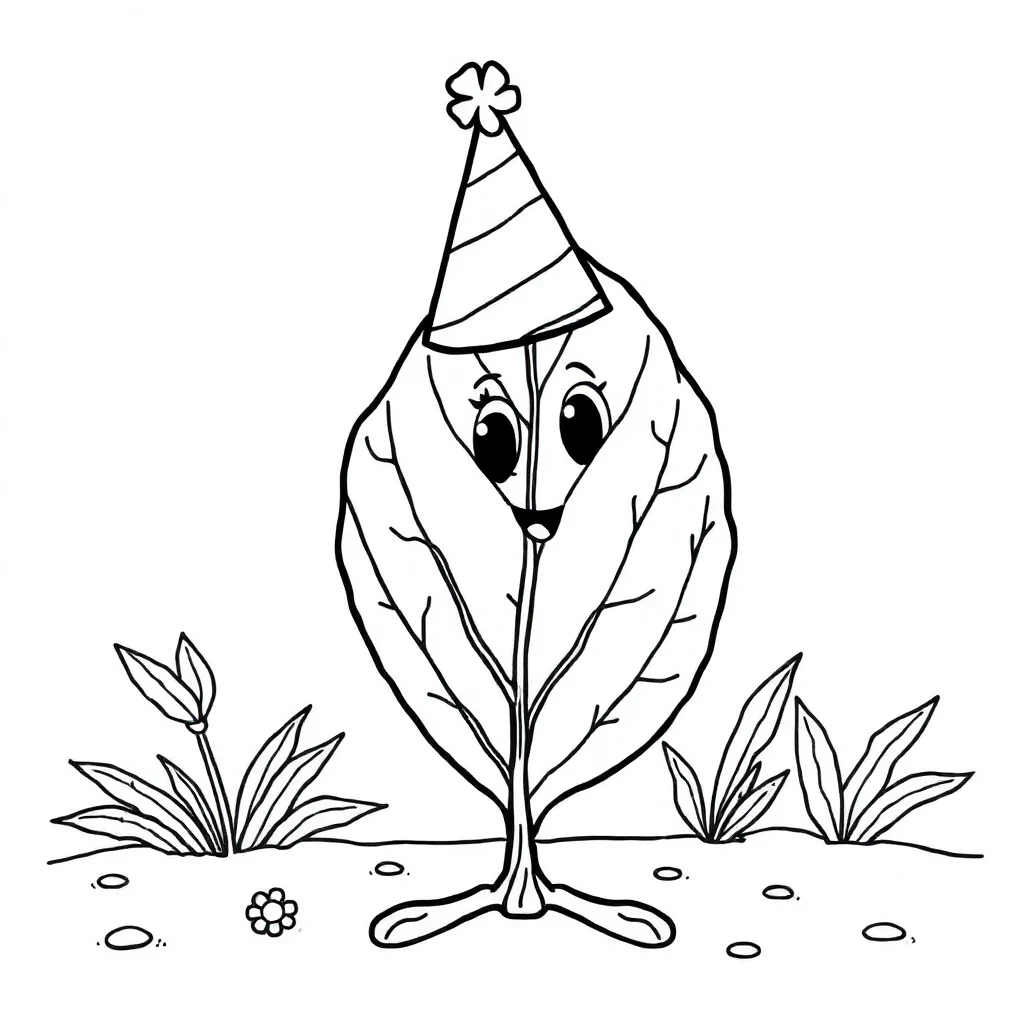 Leaves a leaf with veins wearing a party hat — classic leaves coloring page (ages 5–10)