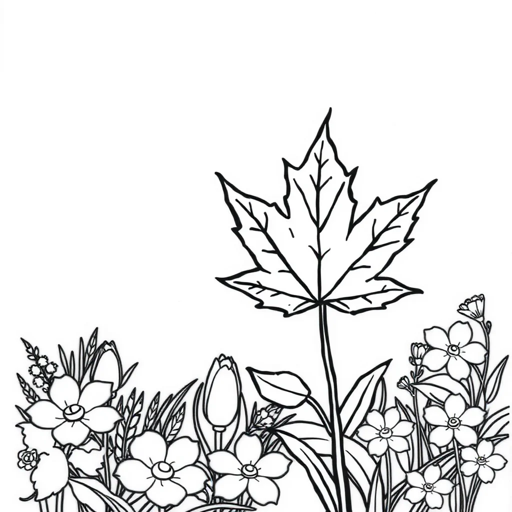 Leaves a maple leaf in a flower garden — classic leaves coloring page (ages 5–10)