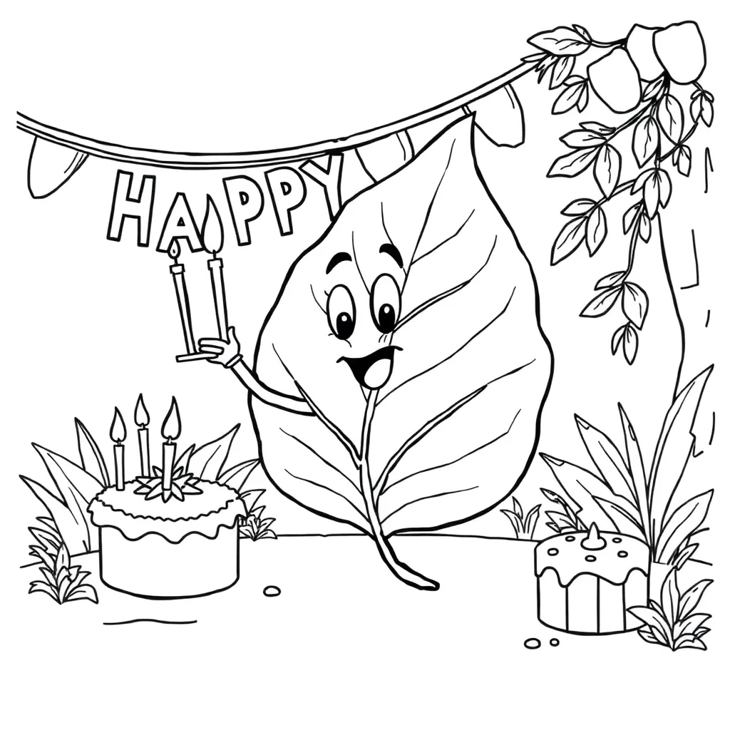 Leaves a single leaf celebrating a birthday — classic leaves coloring page (ages 5–10)
