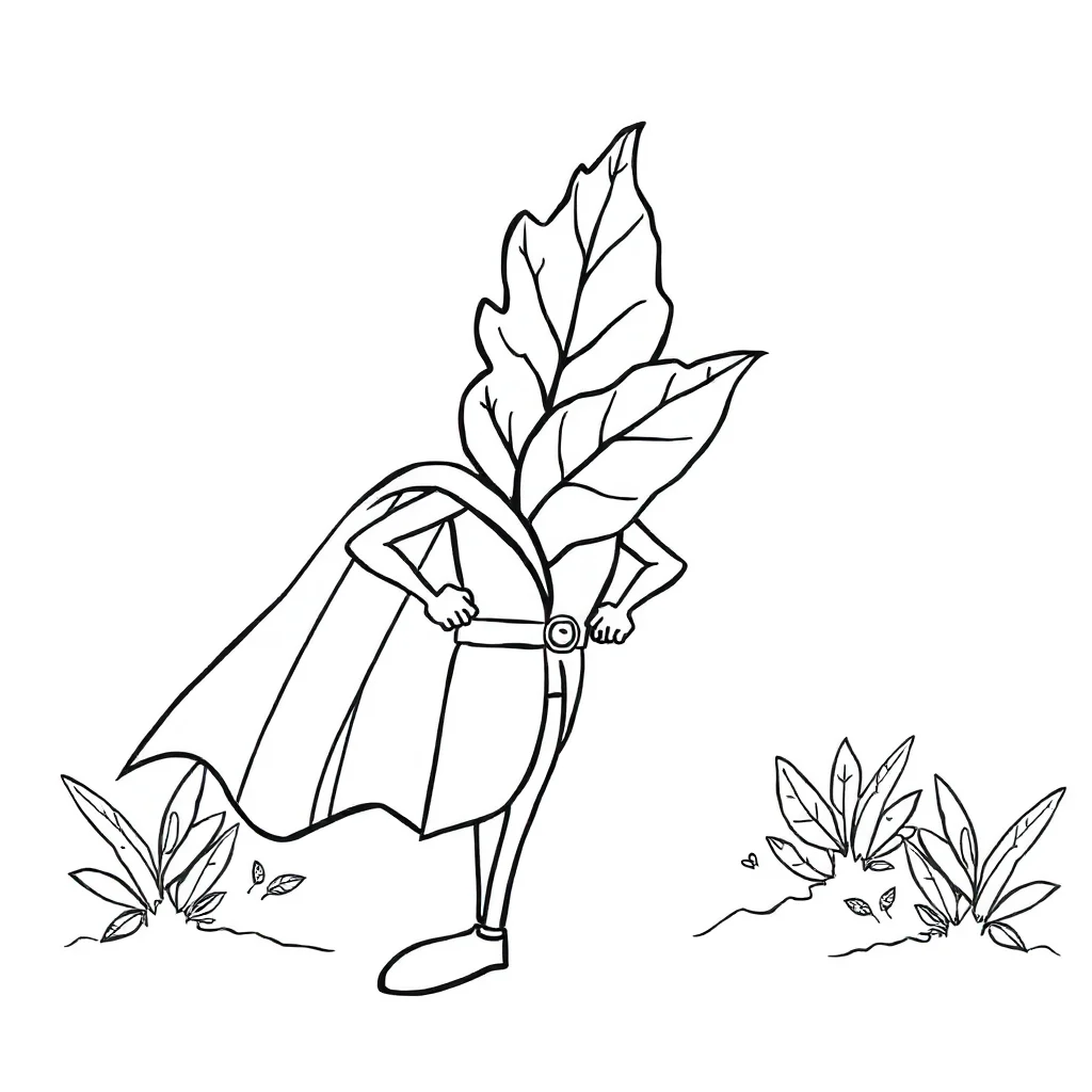 Leaves a single leaf in a superhero cape — classic leaves coloring page (ages 5–10)