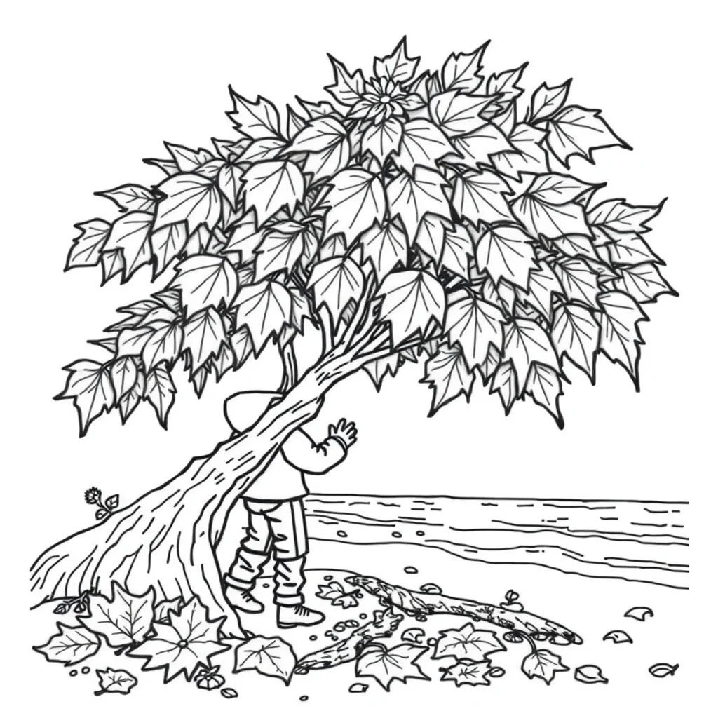 Leaves autumn leaves on the beach — classic leaves coloring page (ages 5–10)