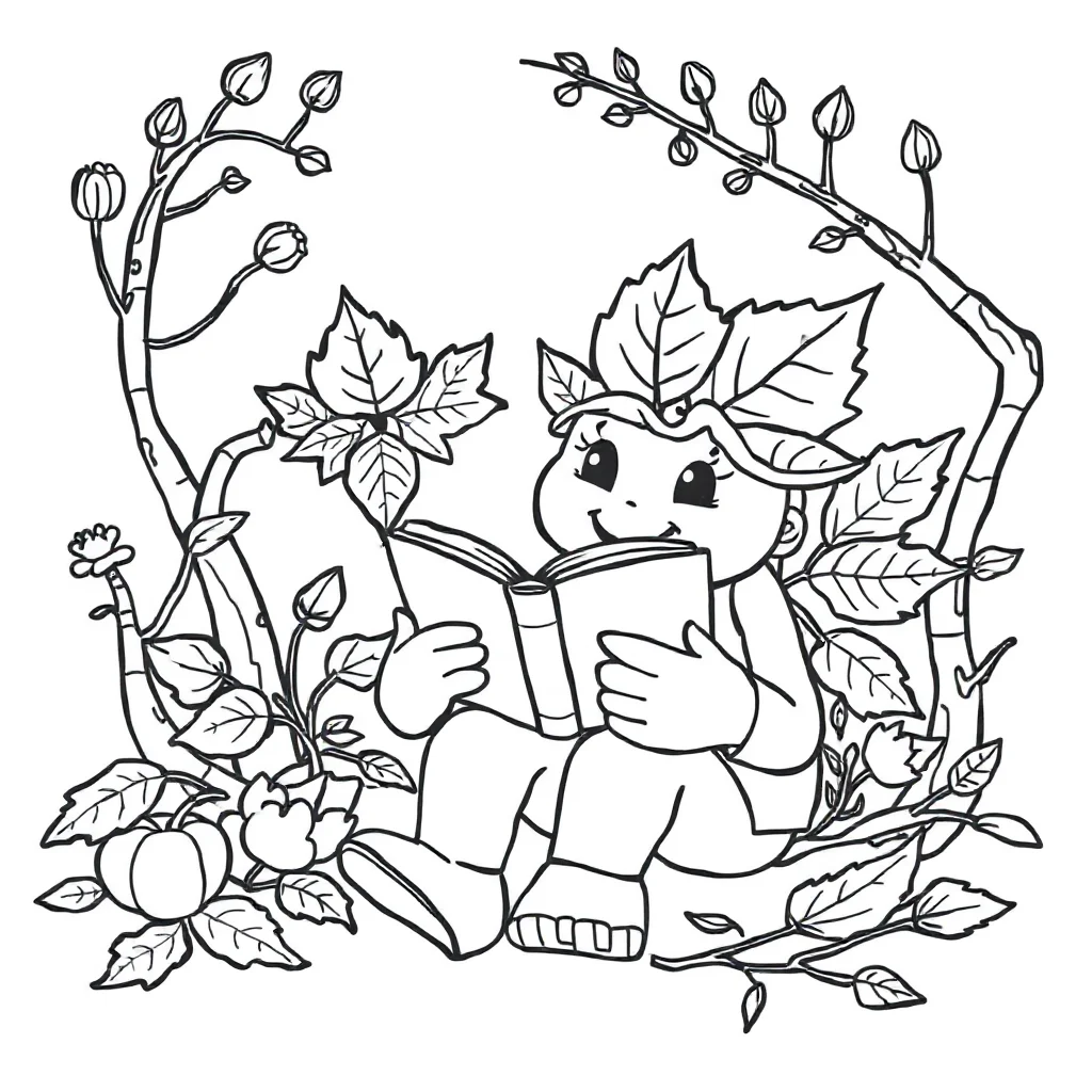 Leaves autumn leaves reading a book — classic leaves coloring page (ages 5–10)