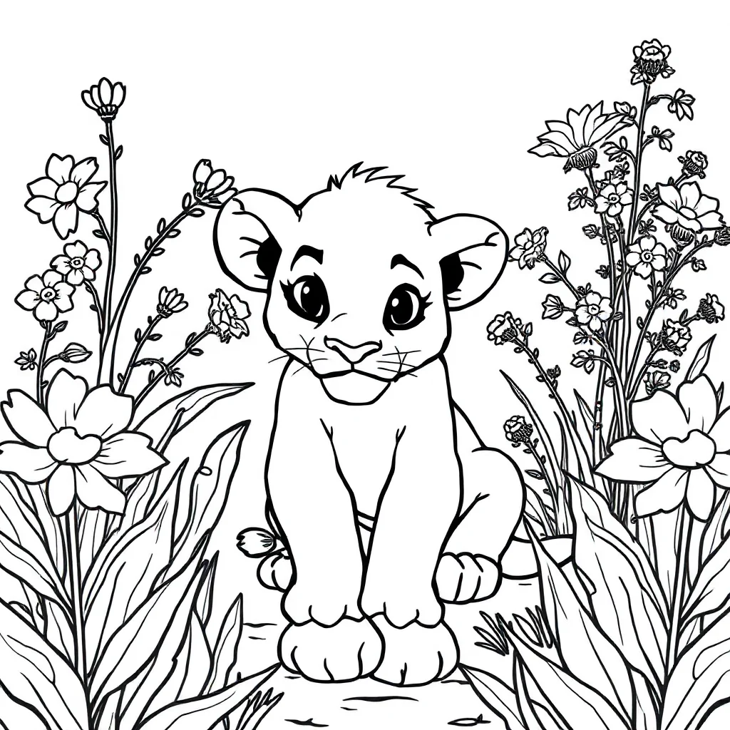 Lions a baby lion cub in a flower garden — classic lions coloring page (ages 5–10)