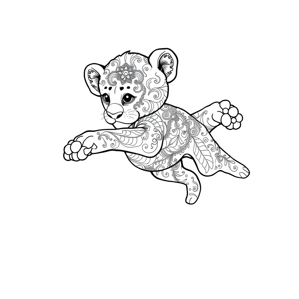 Lions a baby lion cub leaping mid air — detailed lions coloring page (ages 9+ & adults)