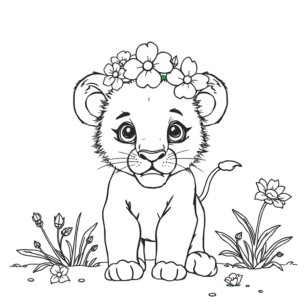 Lions a baby lion cub wearing a flower crown — classic lions coloring page (ages 5–10)