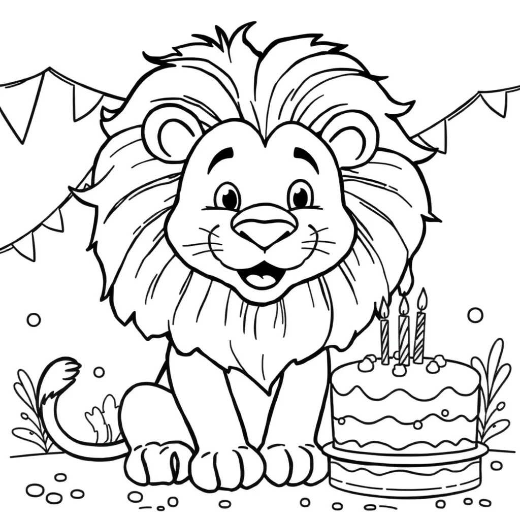 Lions a friendly lion with a mane celebrating a birthday — classic lions coloring page (ages 5–10)