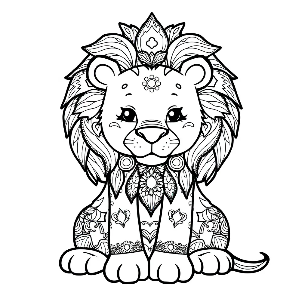 Lions a friendly lion with a mane sitting — detailed lions coloring page (ages 9+ & adults)