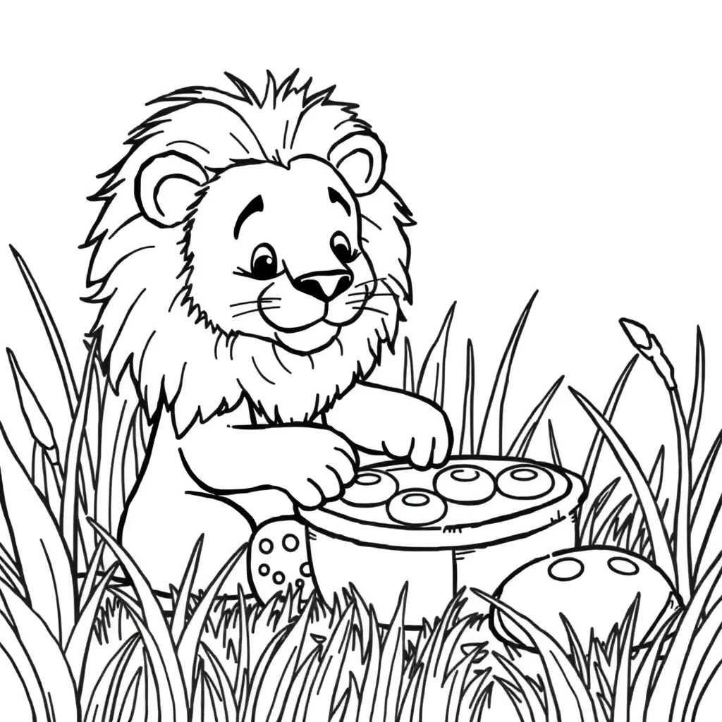 Lions a lion in the grass baking cookies — classic lions coloring page (ages 5–10)