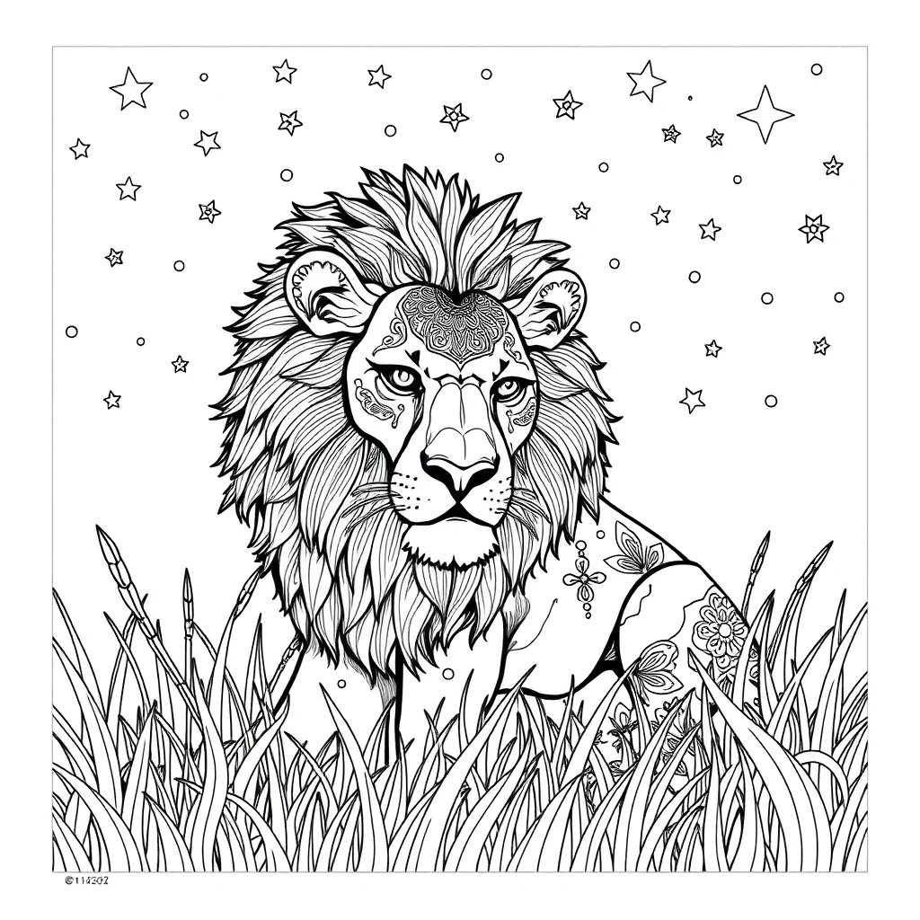 Lions a lion in the grass under the night sky with stars — detailed lions coloring page (ages 9+ & adults)