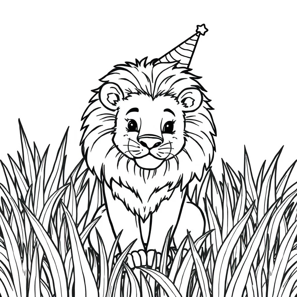 Lions a lion in the grass wearing a party hat — classic lions coloring page (ages 5–10)