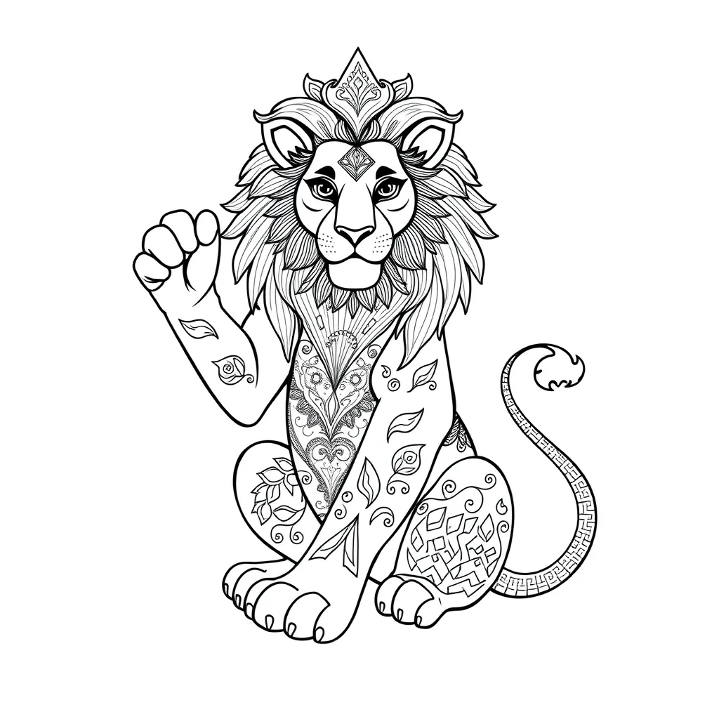 Lions a lion sitting proudly dancing — detailed lions coloring page (ages 9+ & adults)