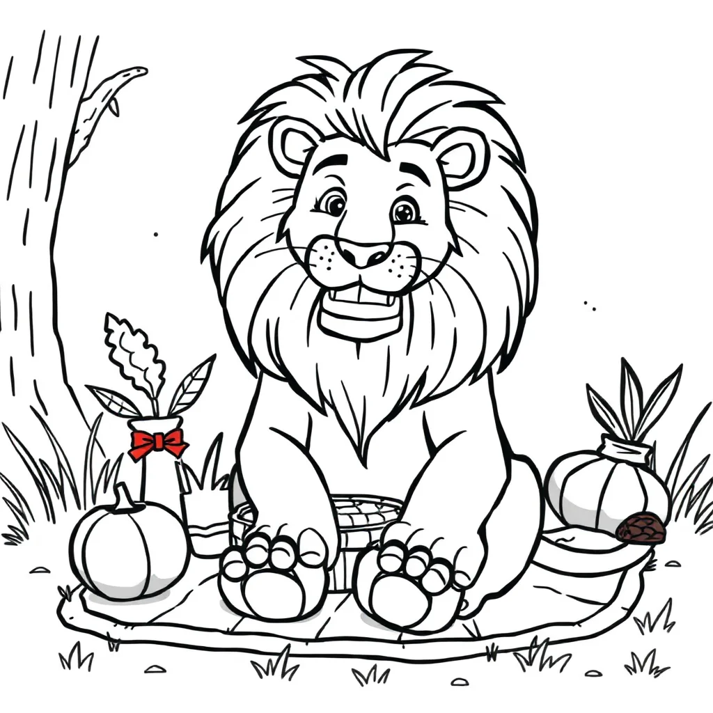Lions a lion sitting proudly having a picnic — classic lions coloring page (ages 5–10)