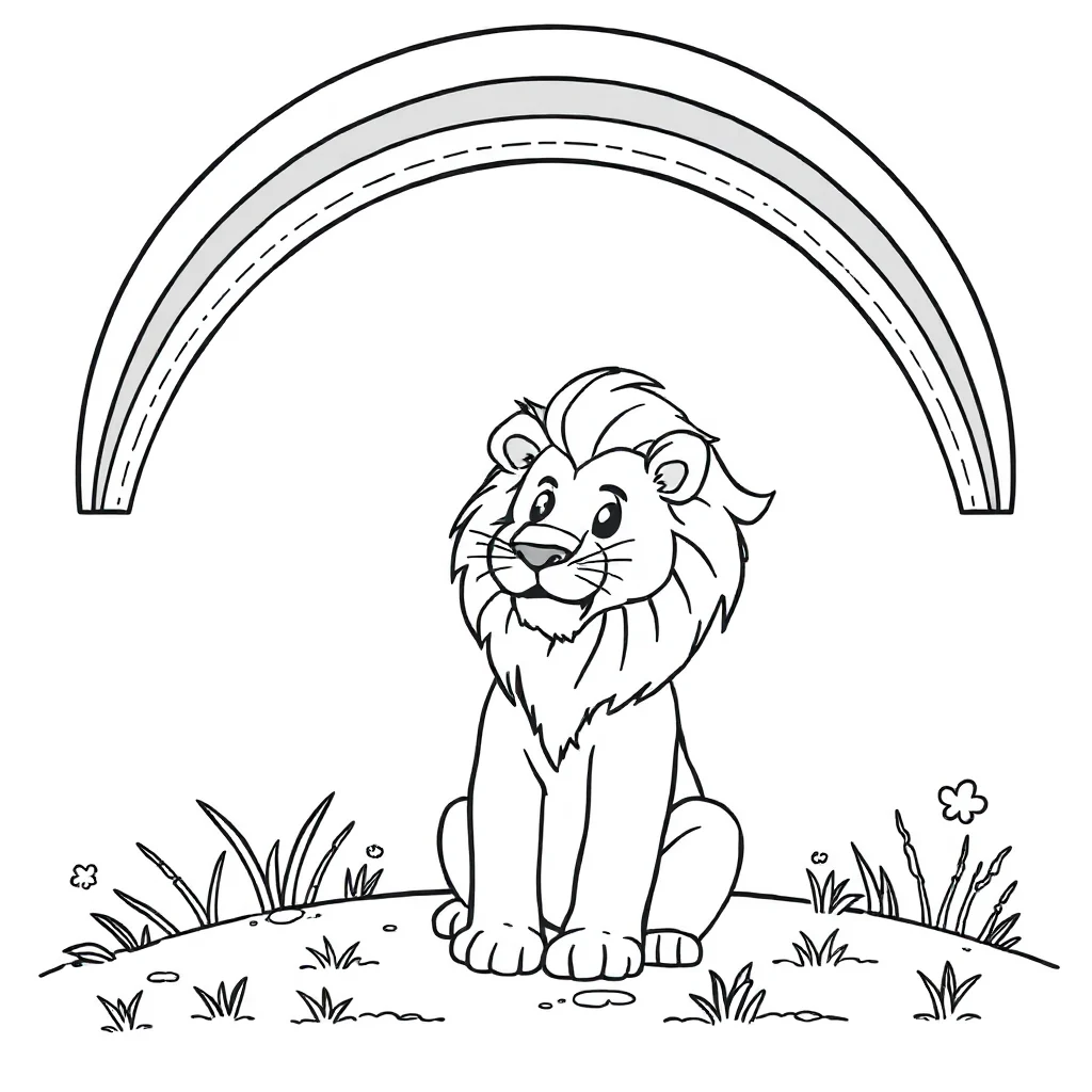 Lions a lion sitting proudly under a rainbow — classic lions coloring page (ages 5–10)